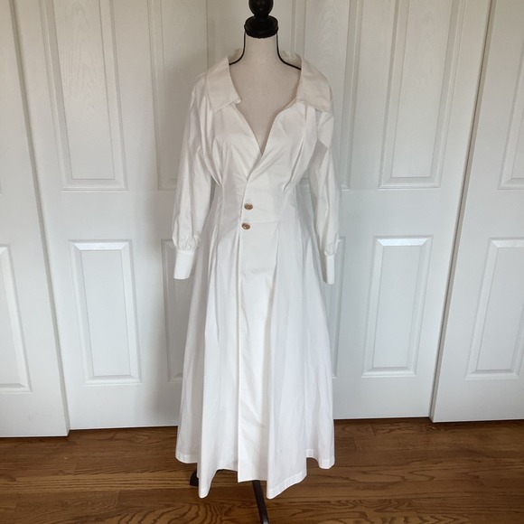 ALTUZARRA Isabela Dress Optic White Button Front Collared Midi Size 38 7/8 NWT‎